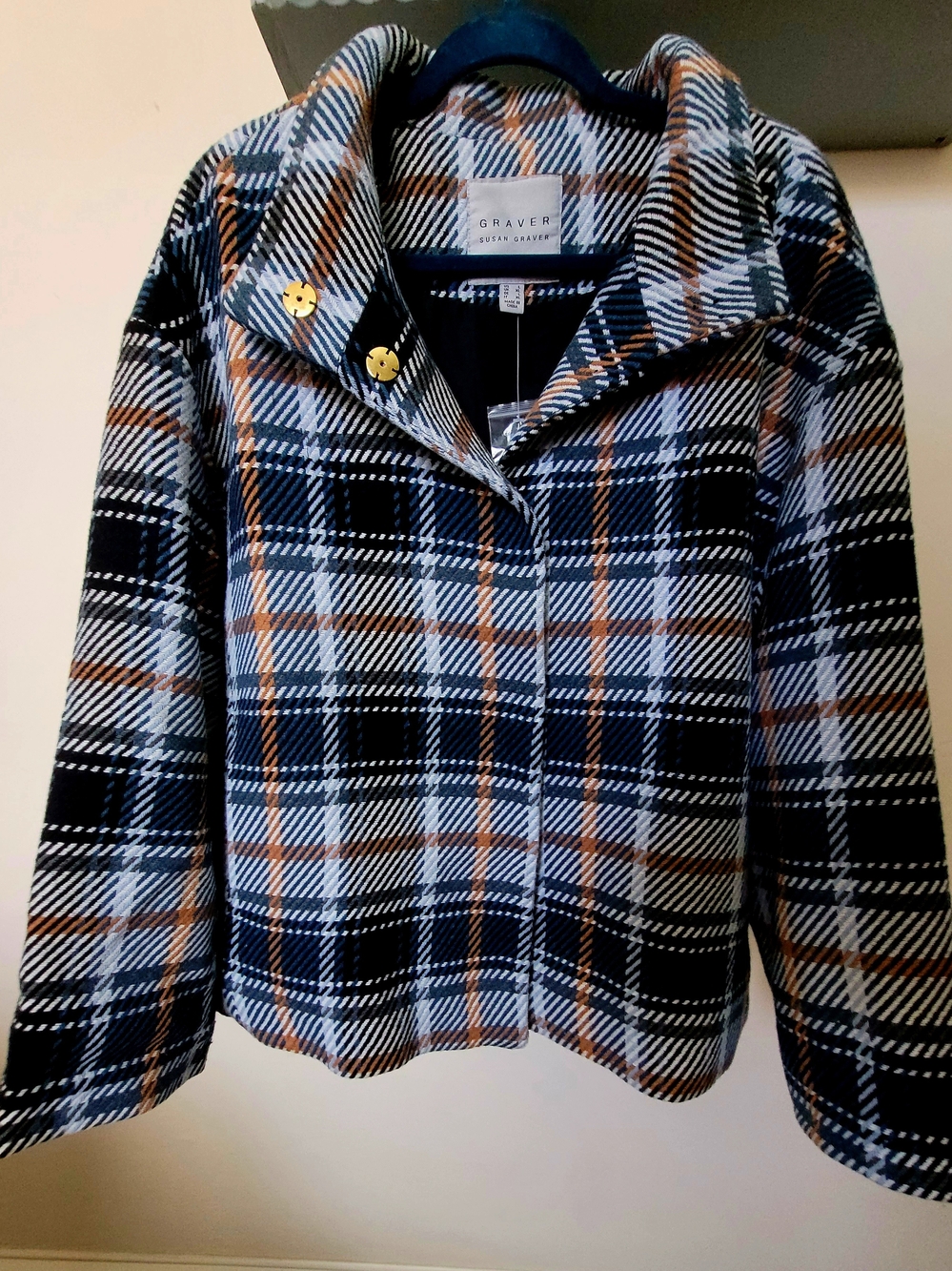 Susan Graver Plaid Pea Coat in Blue, White & Caramel In color - Size Large